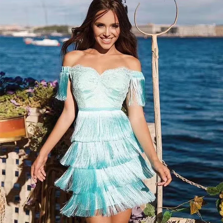 

2019 wholesale cheap sweetheart neck elegant off the shoulder party cocktail pink baby blue embroidery tassel bandage mini dress