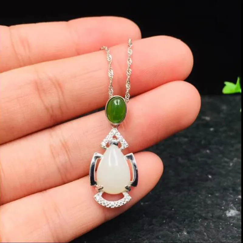 Natural Hetian Jade Water Drop Pendant Jewelry 925 Sterling Silver inaly Green Agate Necklace Pendant Fine Jewelry