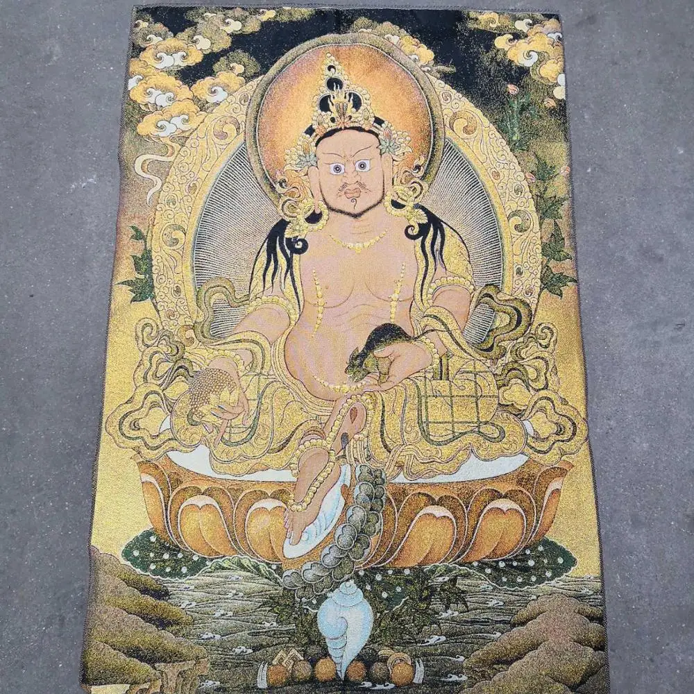 

35"Thangka Embroidery Tibetan Buddhism silk Embroidery brocade Nepal Yellow Jambhala Buddha Thangkas Worship Hall Town house