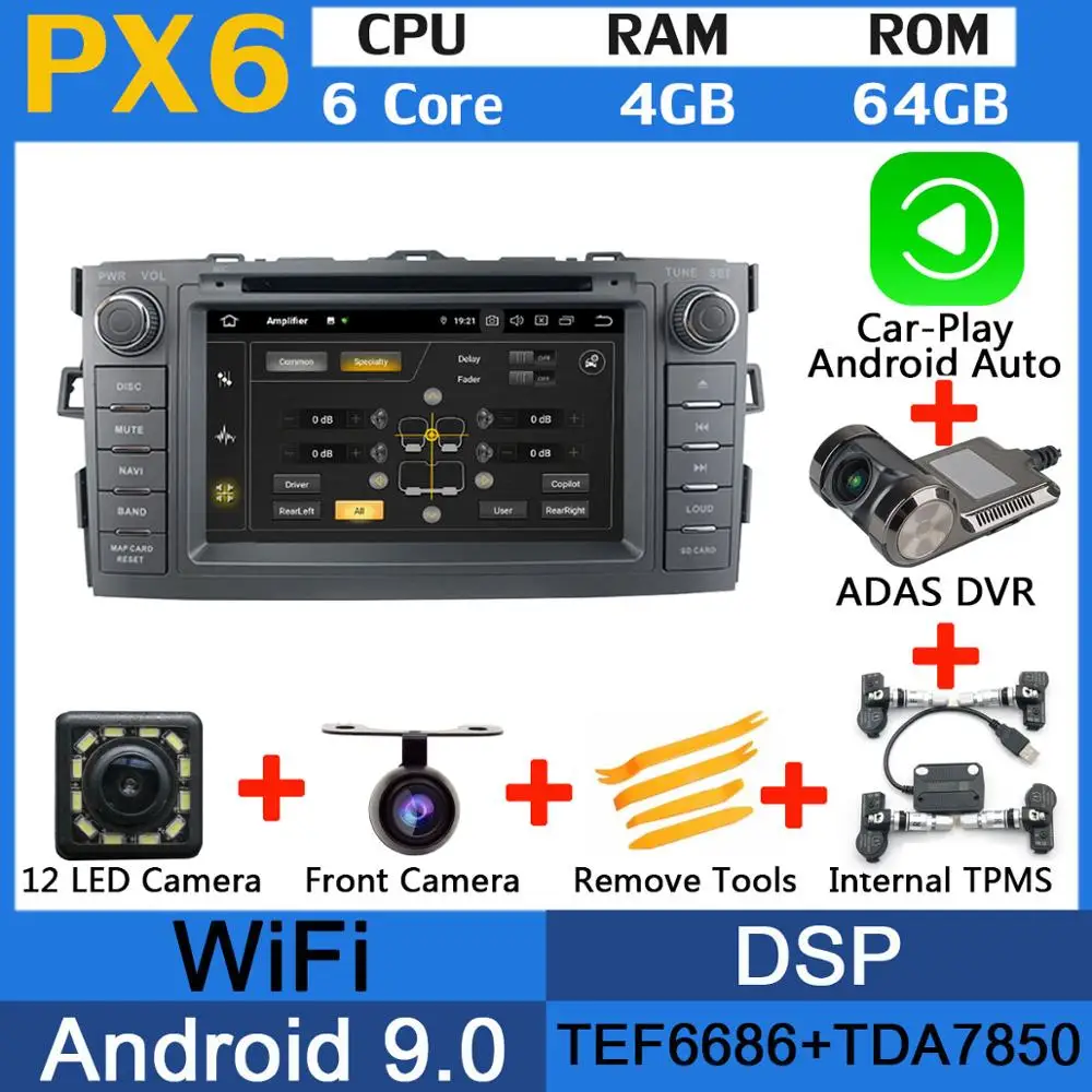 5 USB порт PX6/восьмиядерный Android 9,0 автомобильный dvd-плеер для TOYOTA AURIS 2006 2007 2008 2009 2010 2011 хэтчбек автомобильный радио gps DSP - Цвет: PX6-Adas-Carplay-TMS