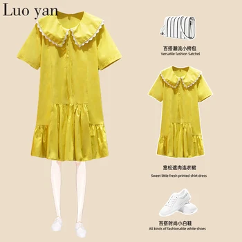 

Chic Doll Collar Solid Pleated Mini Dresses Summer 5XL Plus Size Short Sleeve Loose Dress Elegant Women Bodycon Party Vestidos