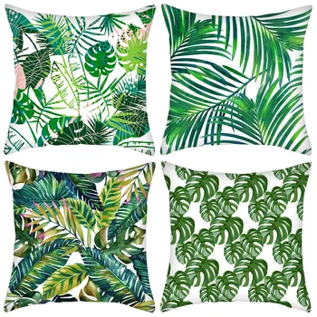 

4Pcs/Set Tropical Plants Cushion Cover Leaf Green Leave Monstera Decorative Linen Pillow Case Hibiscus Flower Cushion Cover