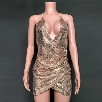 

2020 Sexy Sequined Club Party Deep V-Neck Spahetti Strap Mini Wrap Bodycon Dress