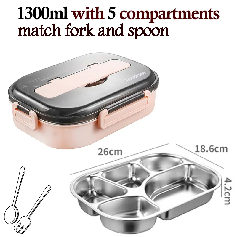 pink 1300ml-5divide Нержавеющая сталь 304 Ланч-бокс для детей и взрослых герметичный Бенто-бокс контейнеры для еды многофункциональная спортивная коробка для хранения еды для перекуса Новинка - Цвет: pink 1300ml-5divide