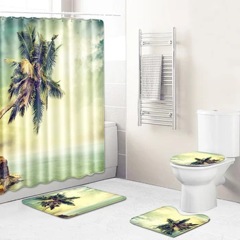 

Beach View Print Bathroom Shower Curtain Toilet Lid Cover Foot Pad Carpet Kit Brand New And High Quality
