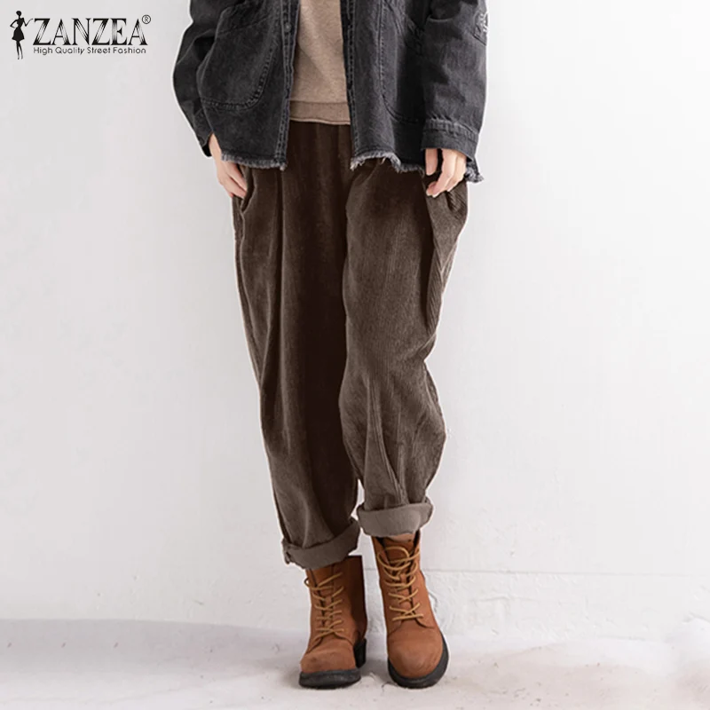 

Kaftan Spring Pants Women's Corduroy Trousers 2020 ZANZEA Casual Elastic Waist Long Pantalon Palazzo Female Turnip Plus Size