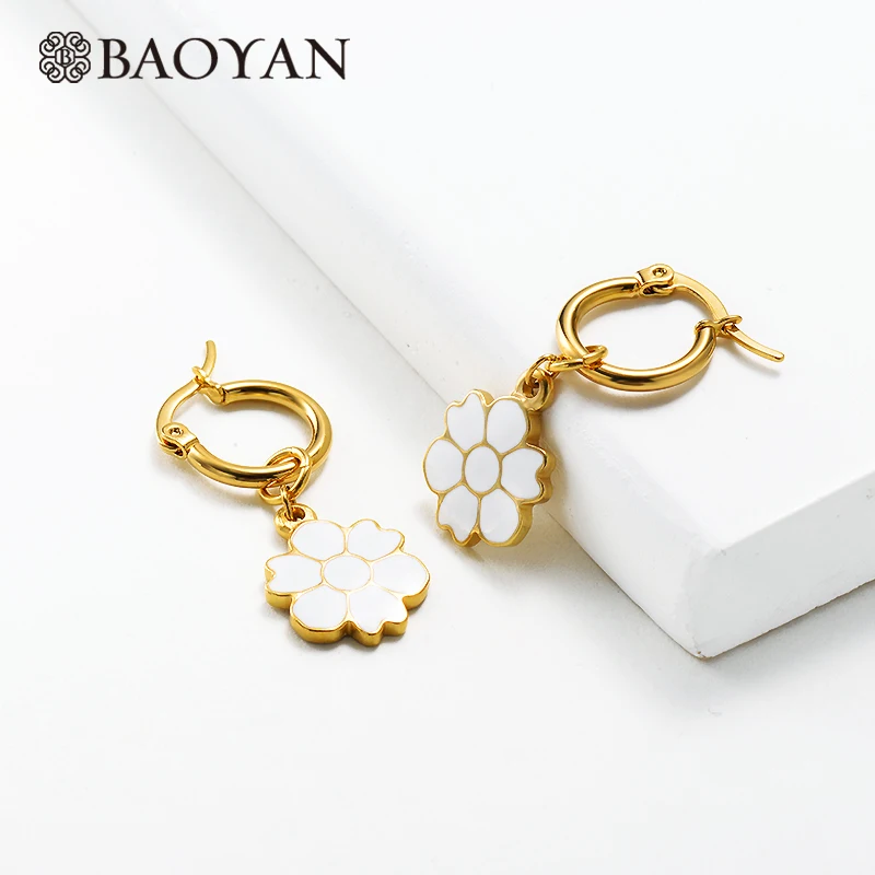 SSEGG142-14579 Baoyan, элегантные золотые серьги-кольца, желтый, белый, голубой цвет, эмаль, цветок, корона, серьги, модные серьги-кольца из нержавеющей стали для женщин - Окраска металла: SSEGG142-14579