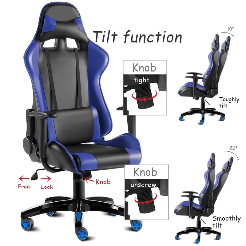 High Back Gaming Reclining Office Chair 360 Degree Swivel 5 Wheels Removable Head Rest Pillow Lumba