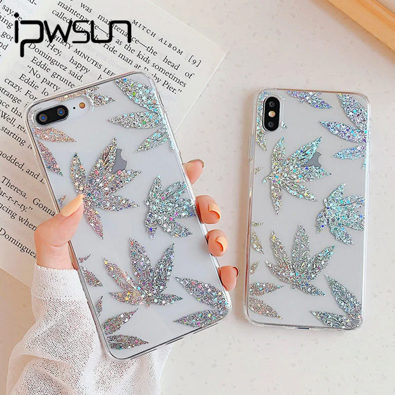 

iPWSOO Shining Gold Leaf Transparent Phone Case For iPhone 11 Pro X XR XS Max 7 8 Plus Glitter Pineapple Clear TPU + PC Cover