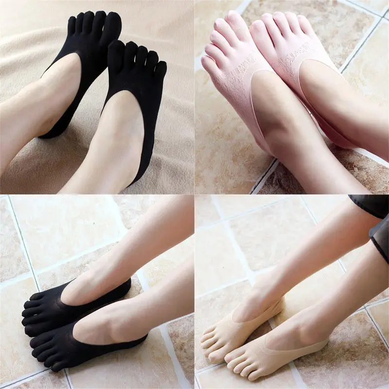 

2pcs 1 Pair New Soft Women Solid Seamless Low Cut Crew Ankle Five Finger Toe Boat Socks Hosiery Socks Slippers