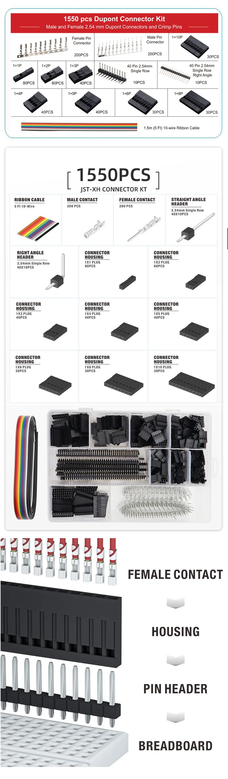 SN-01BM Crimpzange-Set, Ratschen-Crimper mit 1550 Stück 2,54 mm Dupont-Steckern und 760 Stück 2,54 mm JST-XH-Steckern AWG 28–20 – Detail 4