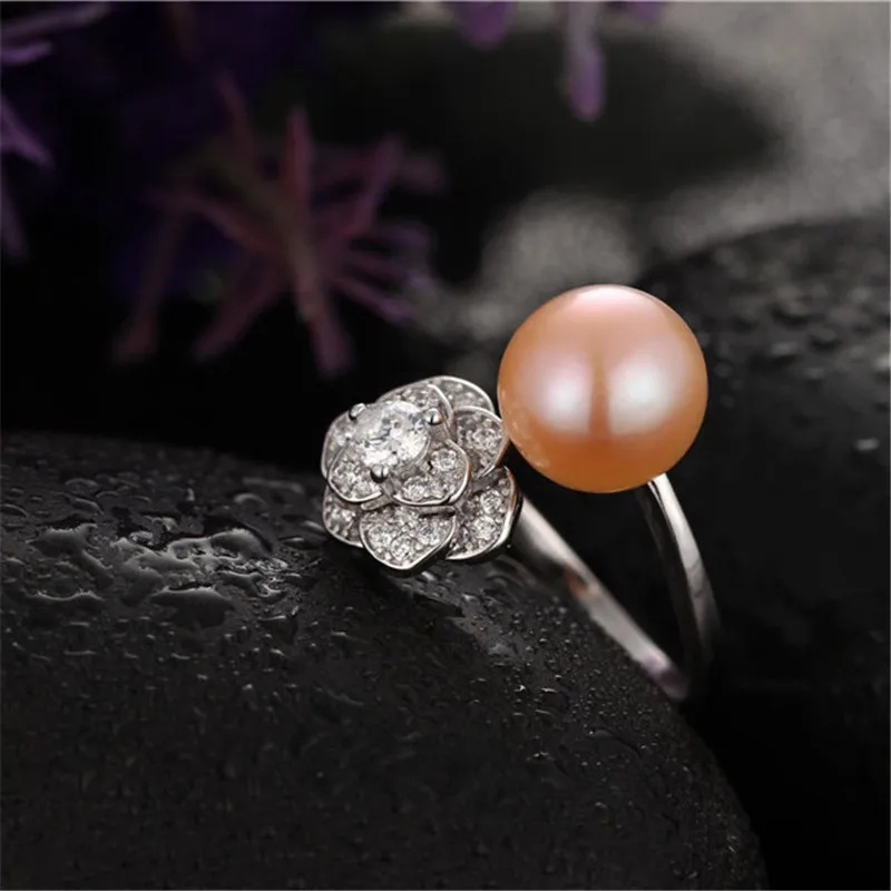 Dainashi Elegant AAAA Freshwater Cultured Pearl Ring 925 Sterling Silver Flower Crystal Zircon Open Adjustable Ring for Women - Цвет камня: Розовый