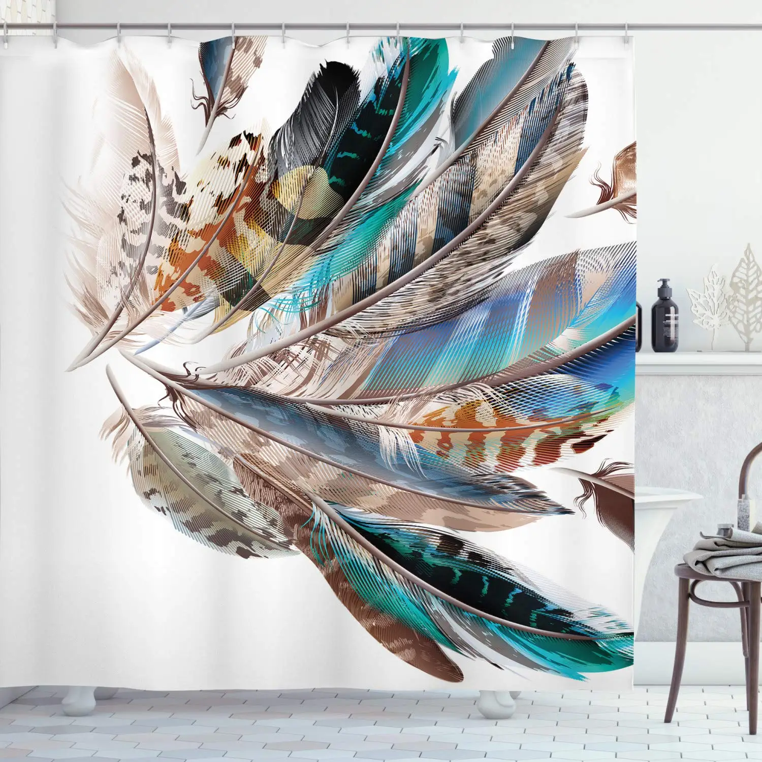 

Feathers Shower Curtain, Vaned Types and Natal Contour Flight Bird Feathers and Animal Skin Element Print, Cloth Fabric Bathroom