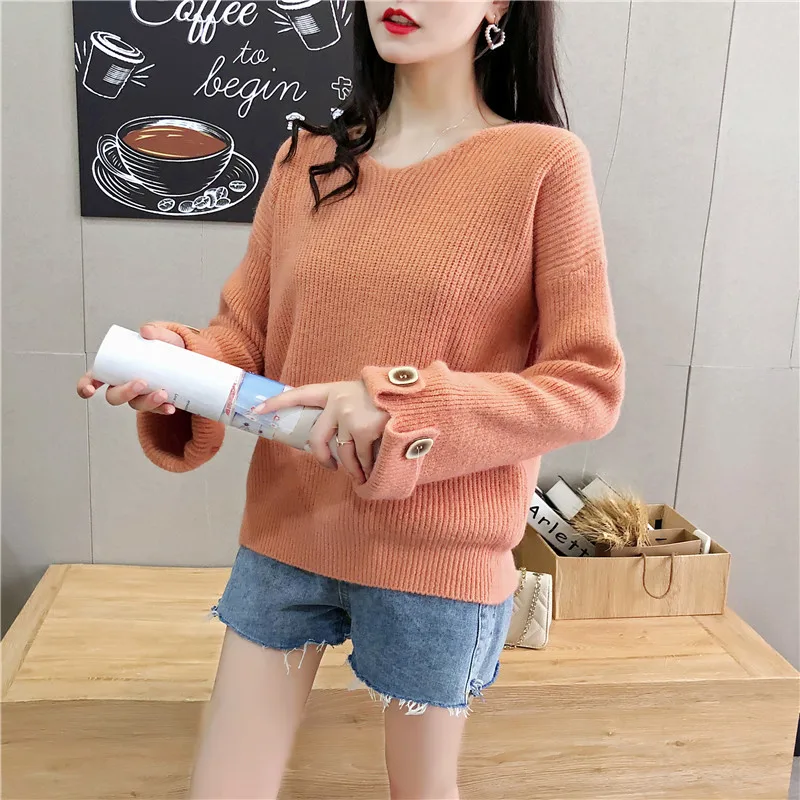 Autumn Knitwear Sueter Mujer Loose Solid Winter Jumper V-Neck Soft Knitted Sweater Pullover Long Sleeve Fashion Women New 2019 | Женская