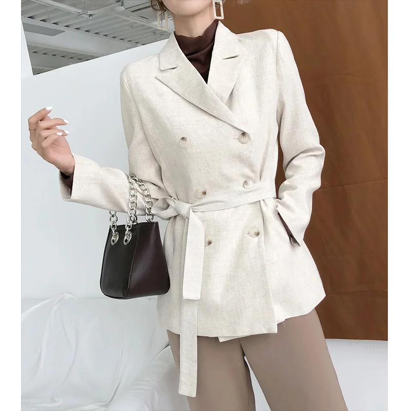 

[Rocu Initial] Spring New Style Double Breasted Waist Hugging Lace-up Suit Jacket Women's Commuting Blazer 1205