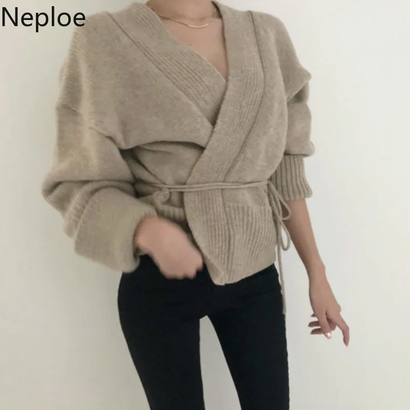 Neploe, v-образный вырез, длинный рукав, вязаный кардиган, свитер для женщин, тонкая талия, на шнуровке, однотонный, Pull Femme Sueter, тонкий, длинный рукав, пальто 47768