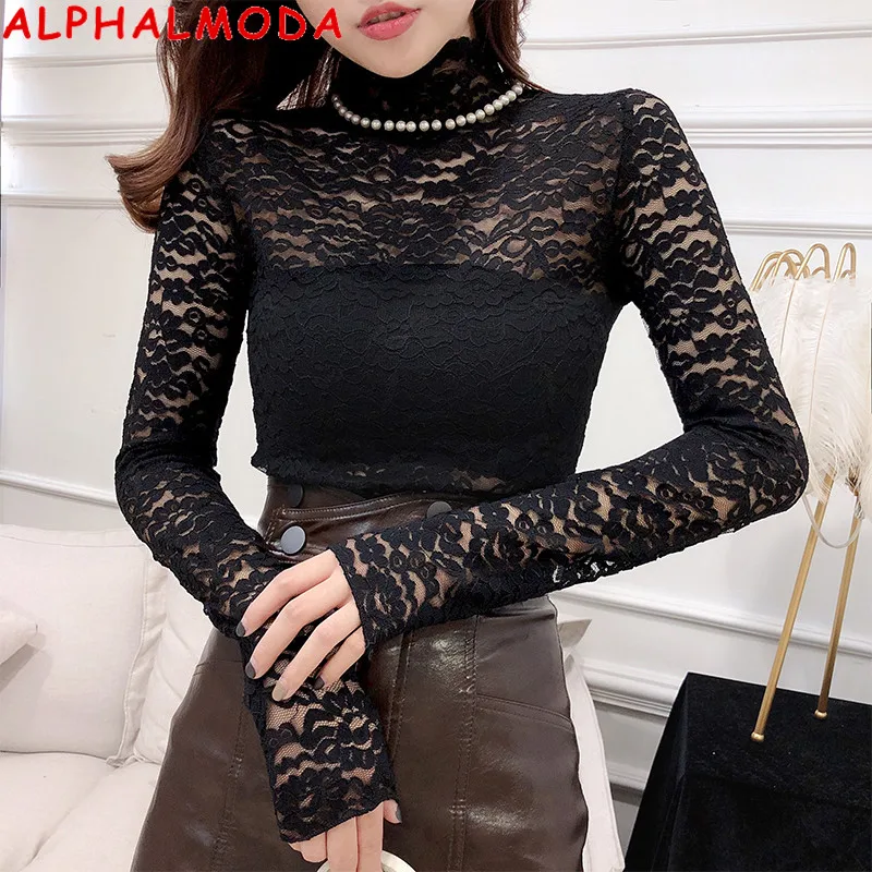 ALPHALMODA жемчужный воротник кружевная женская футболка Осень зима высокий