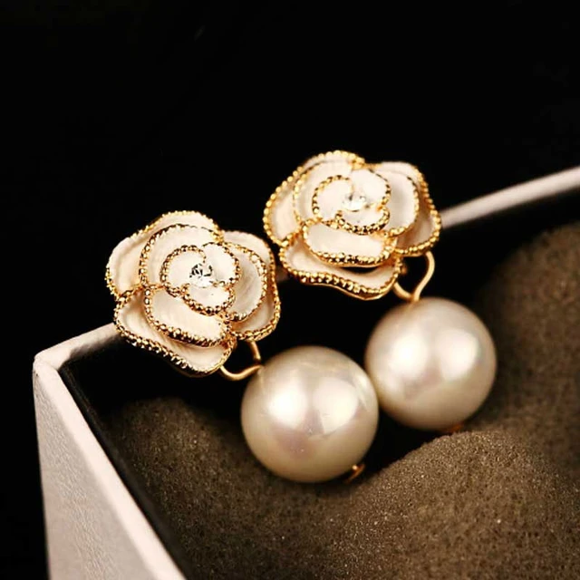 Cc Chanel Logo Earrings Luxury  Camellia Design Stud Earrings - Pearl Earrings  Women - Aliexpress