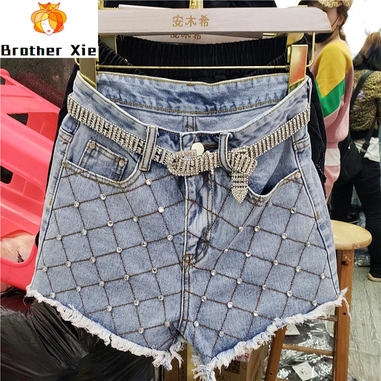 

Spring / Summer Hot Pants 2020 Women's New Diamond Beads High Waist Wide Leg Denim Shorts for Women Short Jeans Pants Girls
