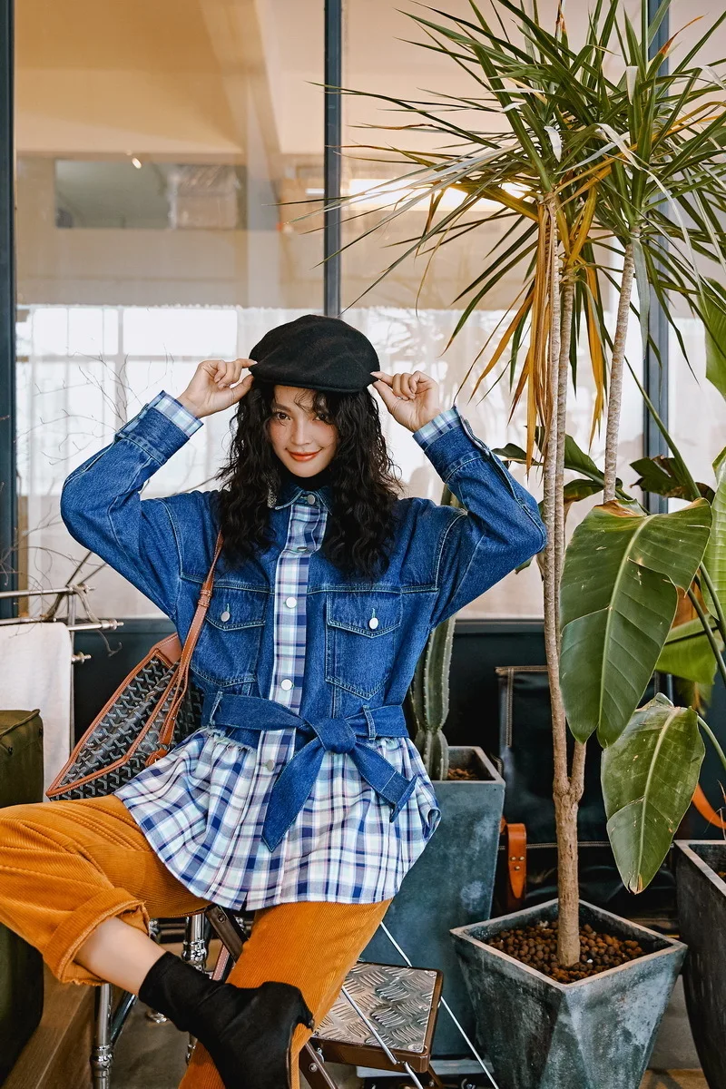 girl Fake Two-piece Shirt Denim Jacket Autumn And Winter New Original Design Women's Loose Plaid Coat Wild 19F-a569