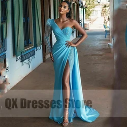 Blue Floor Length One Shoulder Evening Dress V-neck Sequined Long Front Slit Night Party Gowns For Women Custom Made 2022