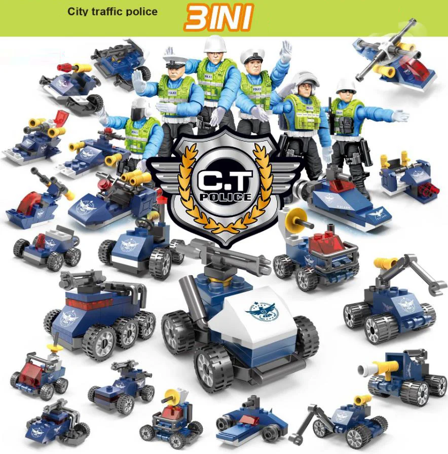 

City traffic police mega block action figures Motorcycle speed boat Patrol car helicopter building bricks educational toys