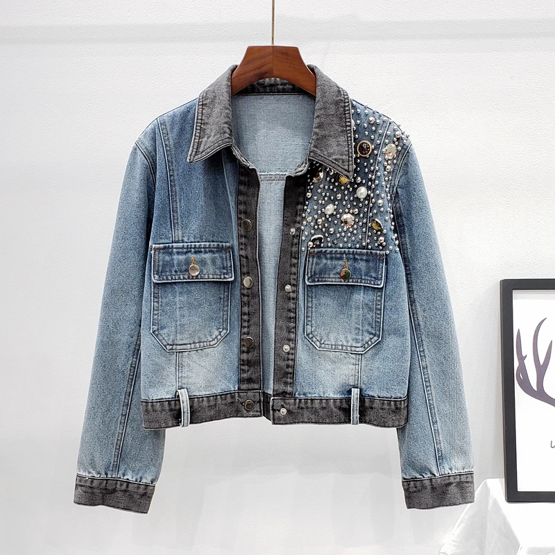 

Heavy work Pearl Beaded Rivet Stitching Blue Women Short Denim jacket Streetwear Autumn New Harajuku Loose Cowboy Chaqueta Mujer