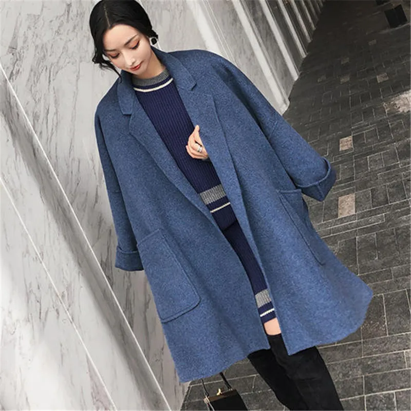 blue Новинка осень зима шерстяное кашемировое пальто женские куртки свободный тонкий кардиган длинные шерстяные пальто женская верхняя одежда N1024 - Цвет: blue