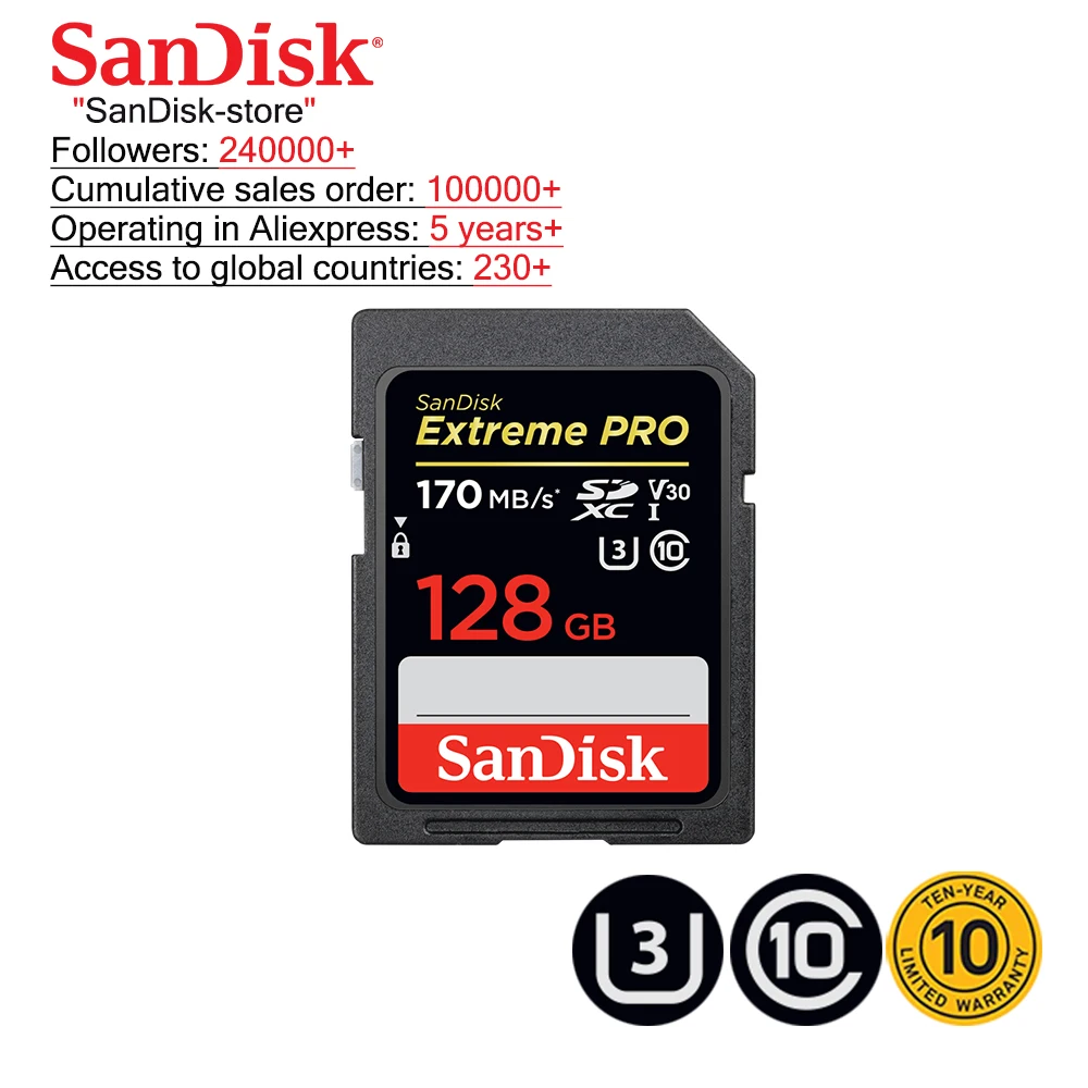 SanDisk Extreme Pro SD Card 32GB SDHC 95M/S 64GB 128GB 256GB SDXC UHS-I Class 10 170M/S Memory Card Support U3 4K Video Card