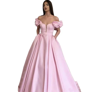 

Elegant Pink Prom Dresses 2020 Frool-Lenght Ball Gown Saudi Arabic Robe de soiree Off Shoulder Formal Evening Gown