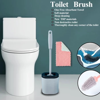 

Silicone Wc Toilet Brush Wall Mounted Flat Head Flexible Soft Bristles Brush With Quick Drying Holder set for Bathroom Accessory