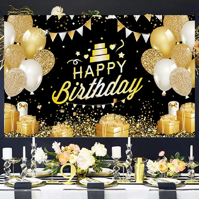 Sfondo Fotografico Per Festa Di Compleanno - Banner In Tessuto Nero E Oro 185x110 Cm Con Corda - 2