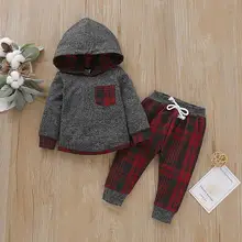 Осенне-зимние плотные комплекты для малышей детские клетчатые толстовки с капюшоном верхняя одежда+ повседневные брюки костюмы для девочек из 2 предметов Одежда для младенцев