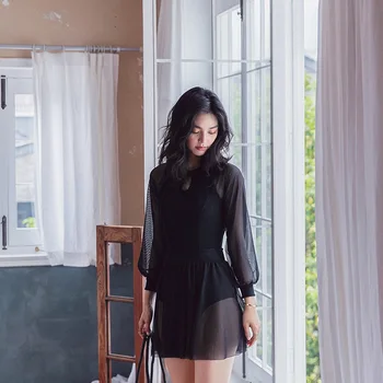 

Swimsuit One Piece Bikinis Female 2019 Swiming Suit Women Swimwear Skirt Sexy Black Swing Long Sleeve For Dot Polyester Sierra