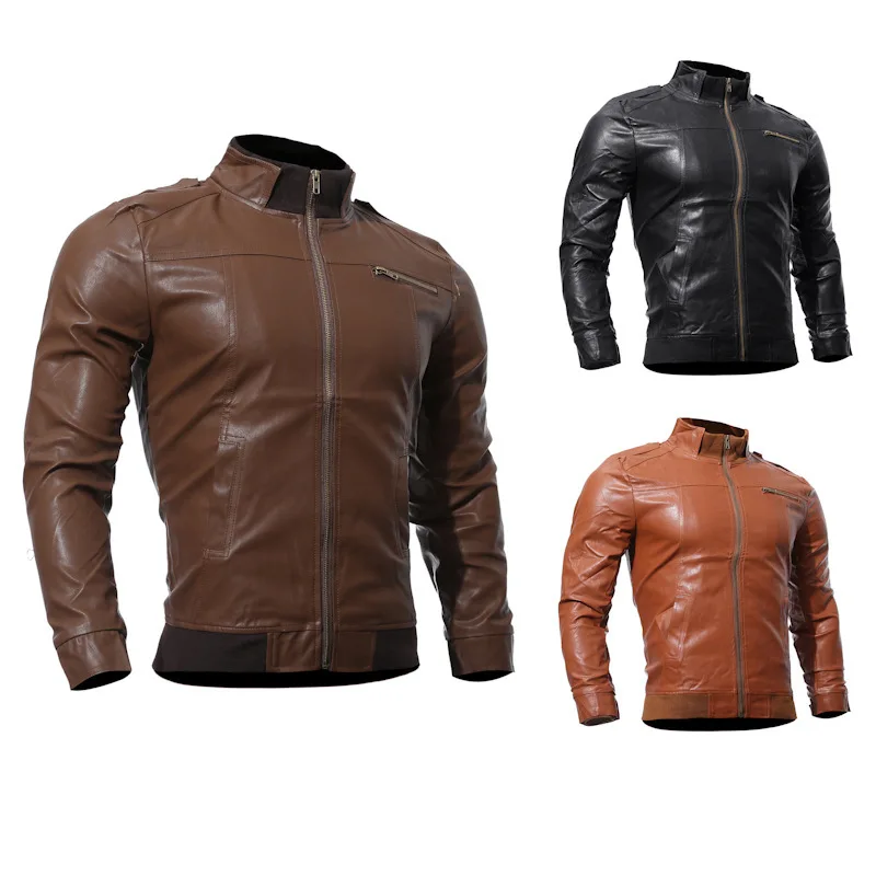 

Foreign Trade Men'S Wear Autumn New Arrival Solid Color PU Leather Stand Collar Zipper Decorations Men Leather Jacket a Generati