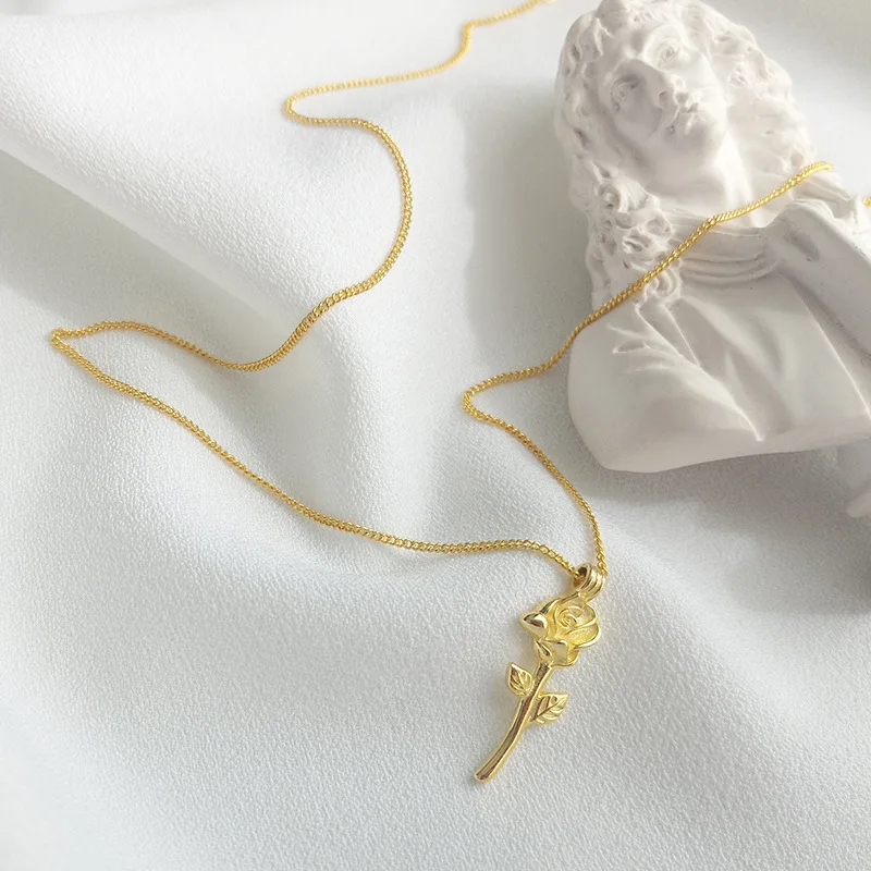 925 Sterling Silver Golden Rose Pendant Necklace For Women Classic Fashion Wedding Party Dress Jewelry Accessories Luxury Gift - Image 3