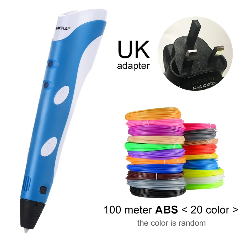Blue UK-100m ABS Myriwell, 3D Ручка,, сделай сам, 3D печать, ручка с 100 м ABS/PLA нитью, креативная игрушка, подарок для детей, дизайнерский рисунок - Цвет: Blue UK-100m ABS