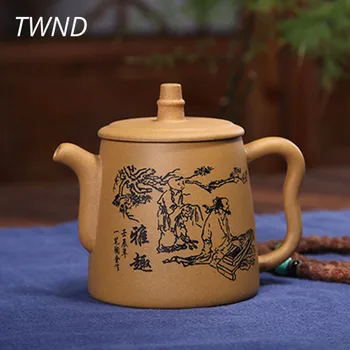 

245CC Yixing ores purple clay handmade pot carved teapot kettle gift box