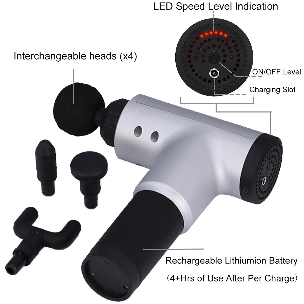  3600r/min Adjustable Tissue Massage Electric Frequency Vibration Massage-Gun LED 4 Heads Body Relax