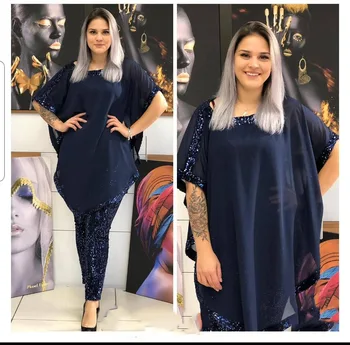 

Sequin Two Piece Set Women Chiffion Pants Tops Suits Summer 2020 African Clothing Plus Size Outfits Loose Tracksuit Dashiki sets