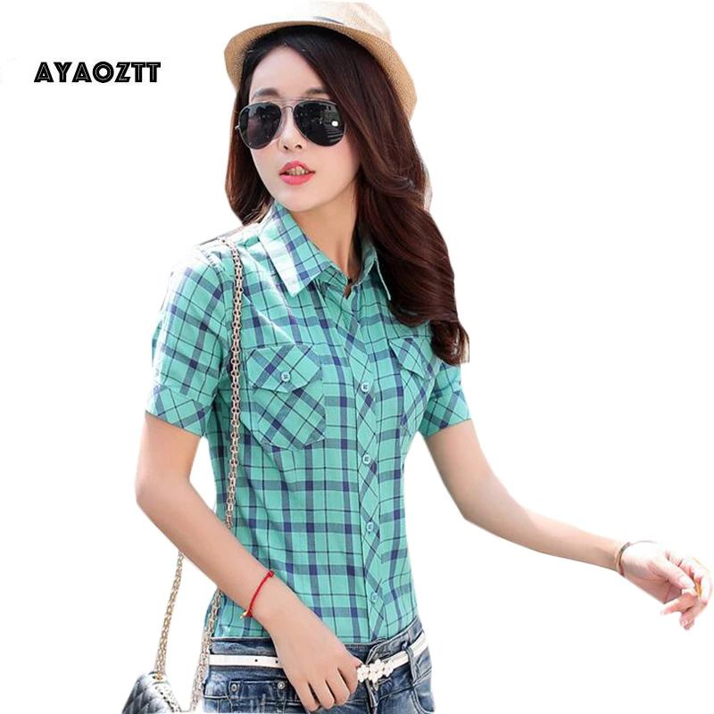 Camisas xadrez 2019 verão estilo manga curta blusas femininas casuais 100% algodão senhoras topos plus size dois bolsos|Рубашки| |