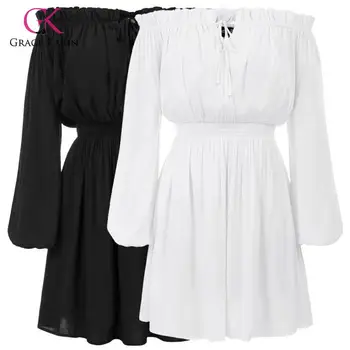 

Grace Karin Fashion Women's Dress Renaissance Rayon Dress Long Sleeve Off Shoulder Elastic Waist Solid Color Lady Elegant Dress