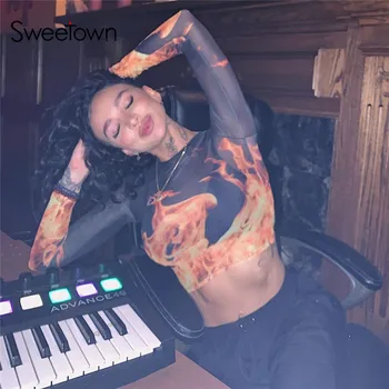 

Sweetown 2020 Summer Transparent Sexy Mesh Crop Top Long Sleeve T-Shirts Women Party Clubwear Flaming Fire Print Cute Tshirt