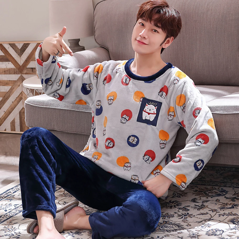 2021 Winter Flannel Pajamas for Men Thick Pajama Male Warm Pajamas Lovely Panda Sleepwear Lounge Set Casual Plaid Patwork Pijama men's cotton pyjamas Pajama Sets