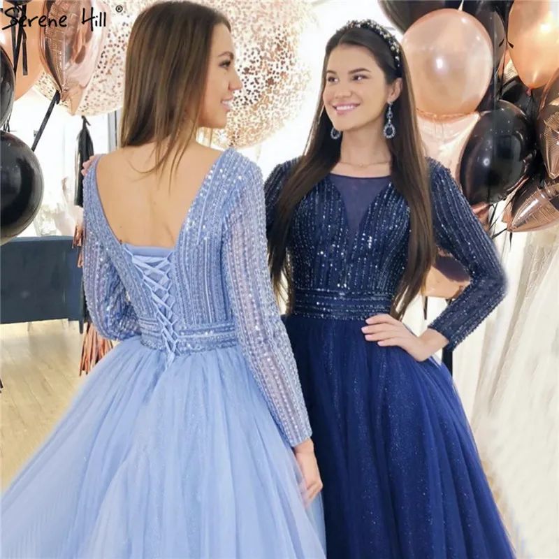 Dubai Pink V-Neck Lace Up Prom Dresses 2020 Long Sleeves Sequins Beading A-Line Long Prom Gowns Serene Hill BLA70237