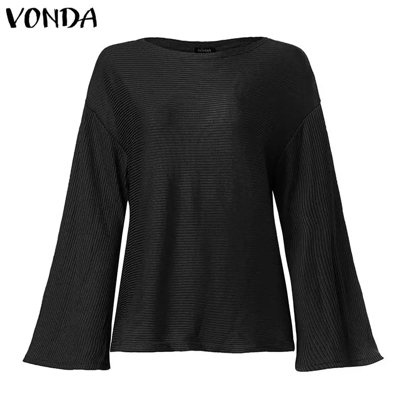 VONDA женская блузка с расклешенными рукавами и топы осень зима свободный трикотажный пуловер рубашки размера плюс богемные вечерние Блузы туники - Цвет: Black