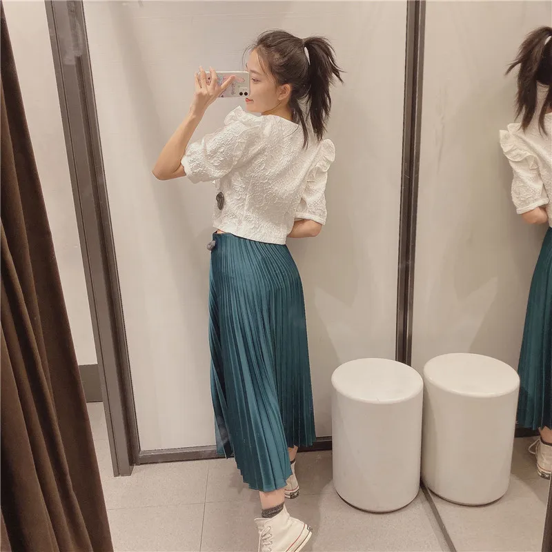 VomVoa European and American trendy wild solid color draped three-color skirt women casual satin pleated skirt women