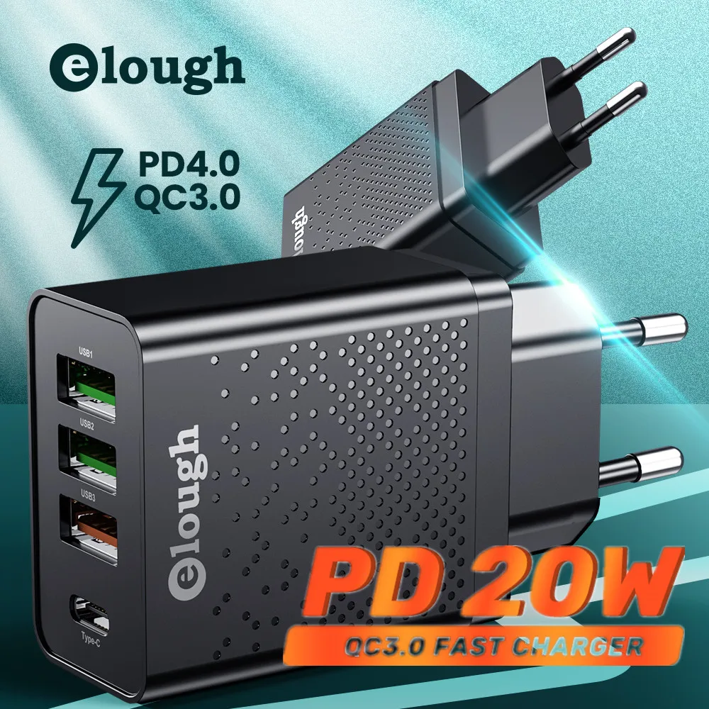 

Elough 20W QC3.0 USB Charger PD Type C Fast Charger Black Quick charge 4.0 For iPhone 12 Pro Max Macbook Travel Wall 3A Charger