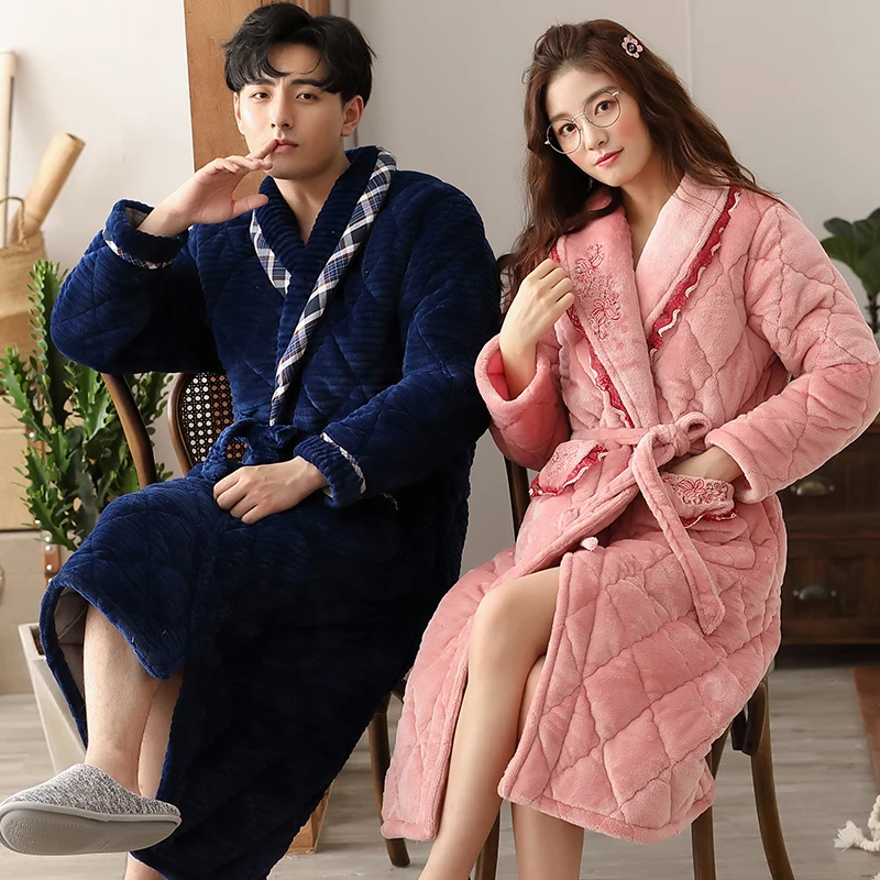 

Men Winter Plus Size Long Coral Fleece Bathrobe Kimono Warm Flannel quilted Bath Robe Men Cozy Robes Night Sleepwear Women Dress