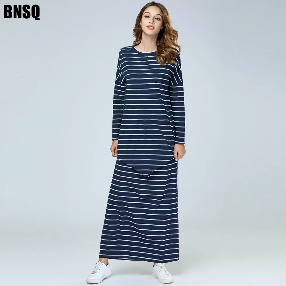

BNSQ Arab Muslim Loose Knit Striped Stitching Dress Women's Dress